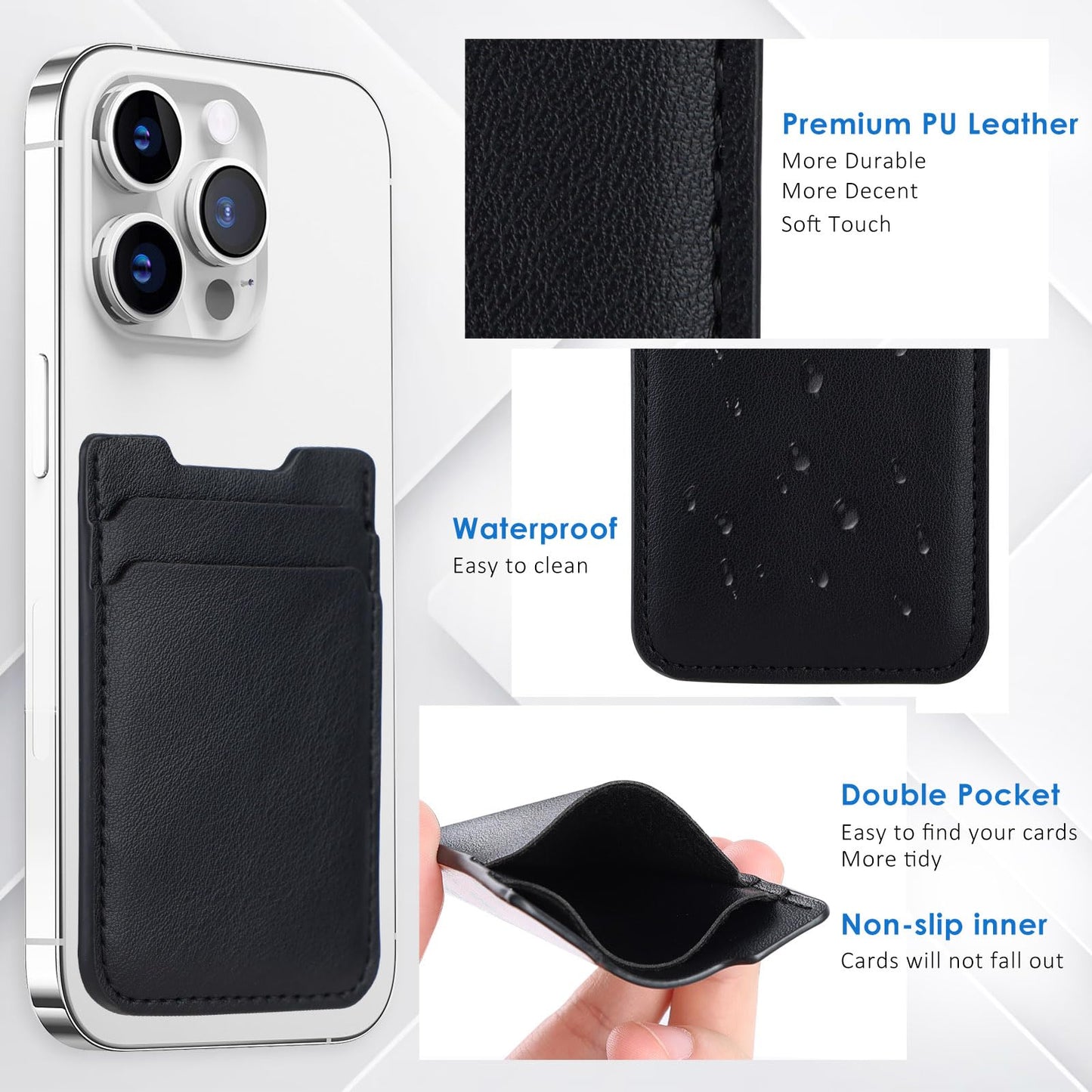 Fulgamo 2Pack Phone Wallet Stick on, Card Holder for Back of Phone Case, Leather Credit Card Holder for Cell Phone Sticky Wallet Double Pocket Sticker