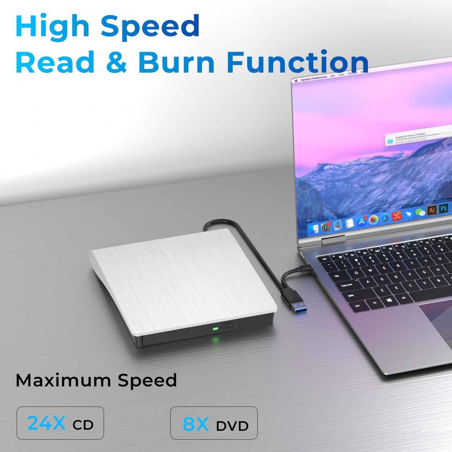 External CD/DVD Drive, USB 3.0 & Type-C CD/DVD Disc Reader Writer, CD ROM +/-RW External CD Player, Portable CD Burner for Laptop Desktop PC Mac