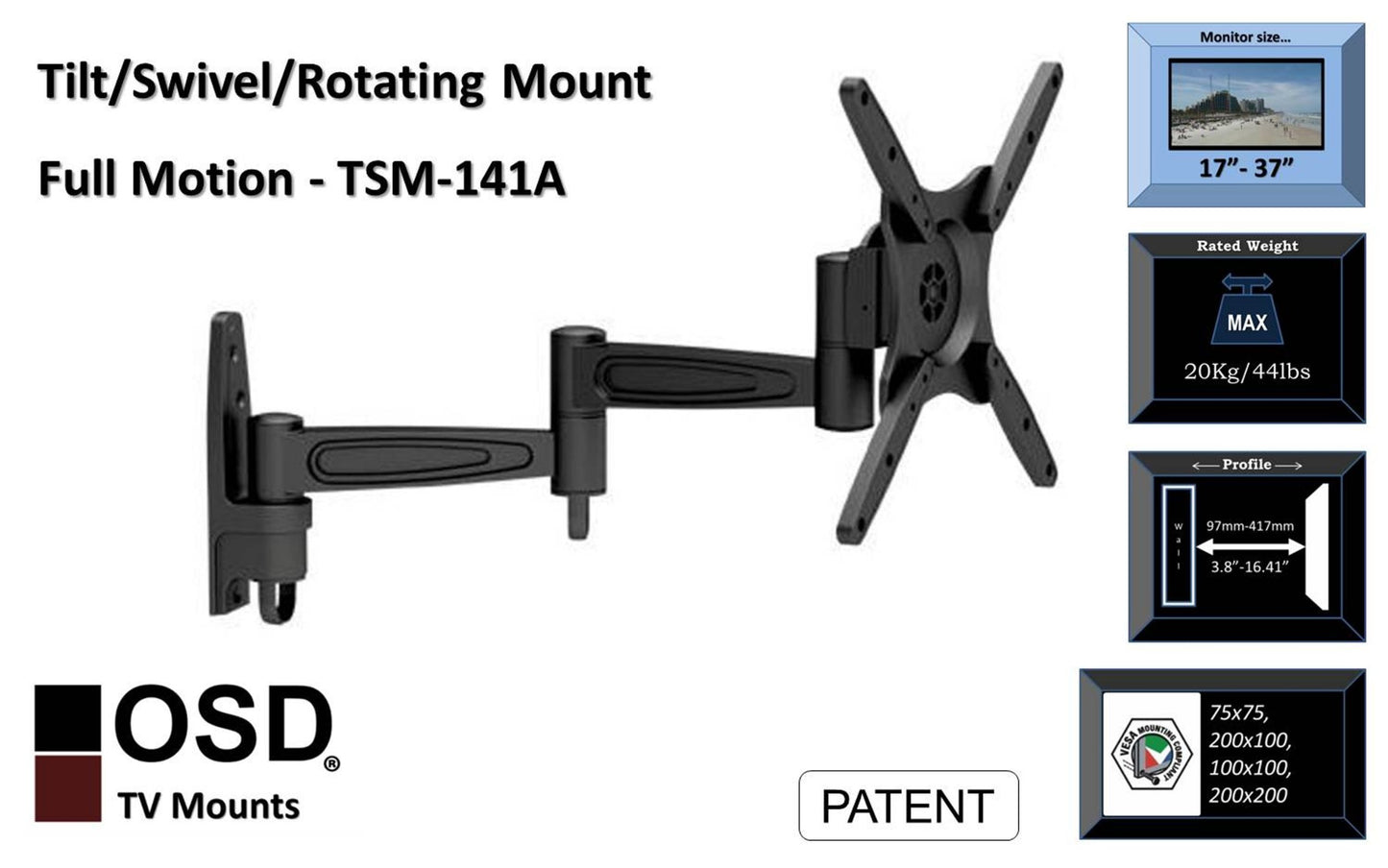 OSD Audio TSM-141A Dual Arm Full Motion Aluminum Wall Mount with Anti-Theft Design for 17 "- 37" TV