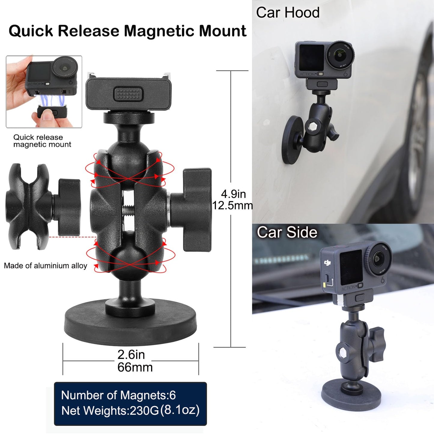 PellKing Handlebar Clamp Car Mangnetic Mount for DJI Osmo Action 6/Nano,Quick Release Mangetic Mount 66mm Magnetic with 360 Degree Rotation,Ball Head