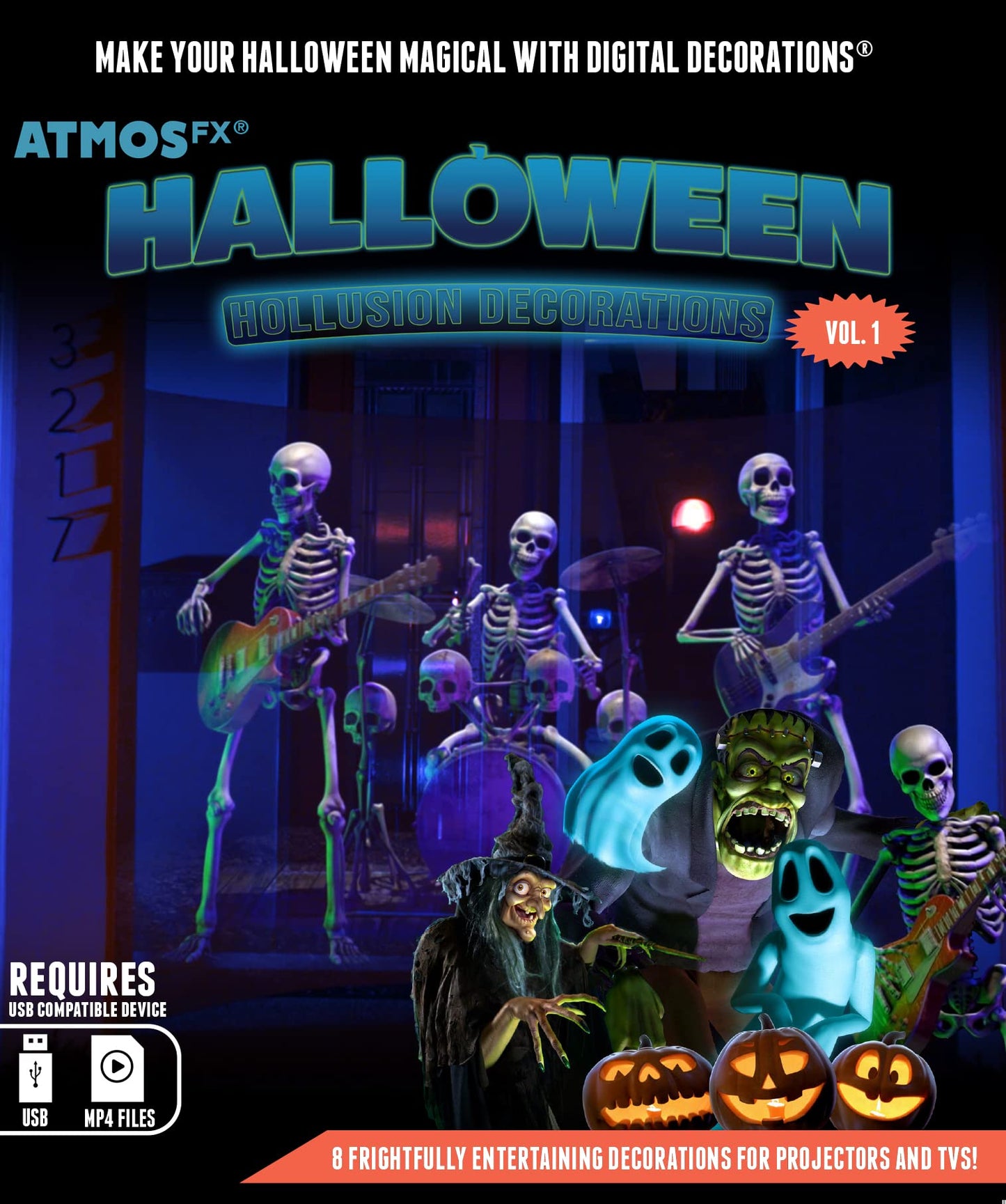 Reaper Brothers Halloween Hollusion Digital Decoration Kit Includes 8 AtmosFX Video Effects for Halloween Plus HD Super Bright Projector and 5.5' x 9'