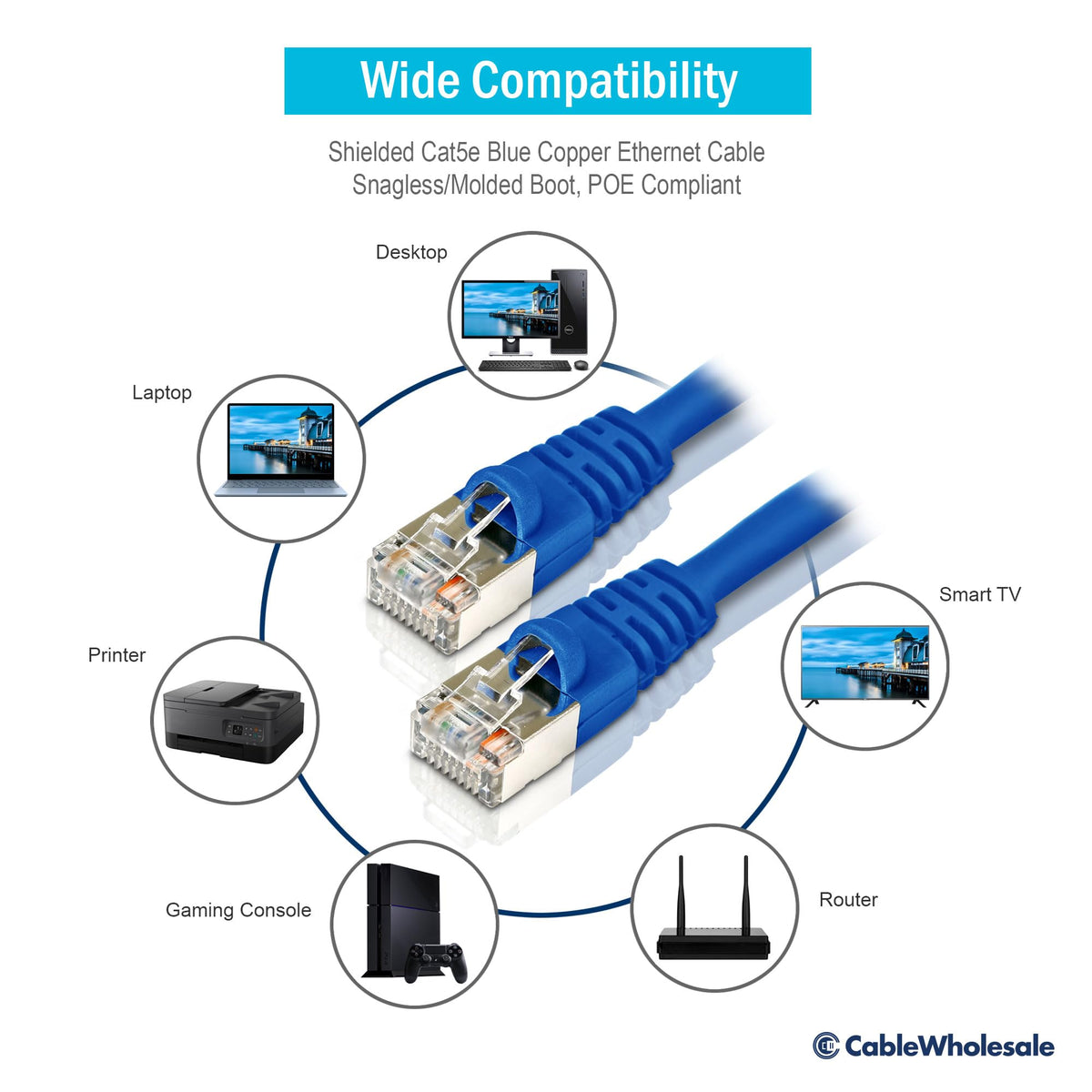 CableWholesale Cat5e F/UTP Shielded Ethernet Cable, Snagless, 50 ft, Blue