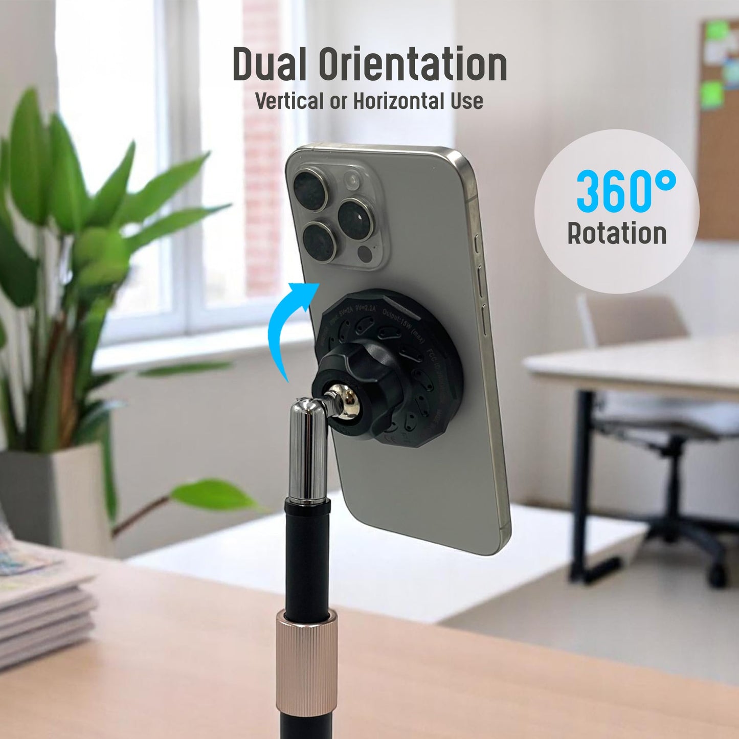 GALVANOX Magnetic Fast-Charging Desk Phone Stand (Adjustable Height) Compatible with MagSafe, Tall Wireless Charger, Heavy Metal Base (15W) Desktop
