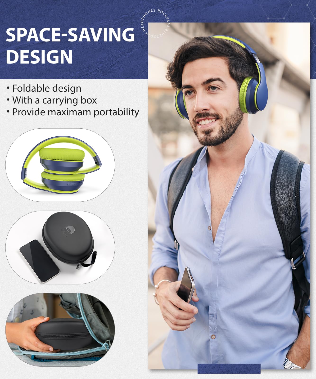 rockpapa E7 Over Ear Wireless Bluetooth Headphones with Mic Include Travel Case, Foldable Wired/Wireless Headphones with Microphone for Kids Childrens