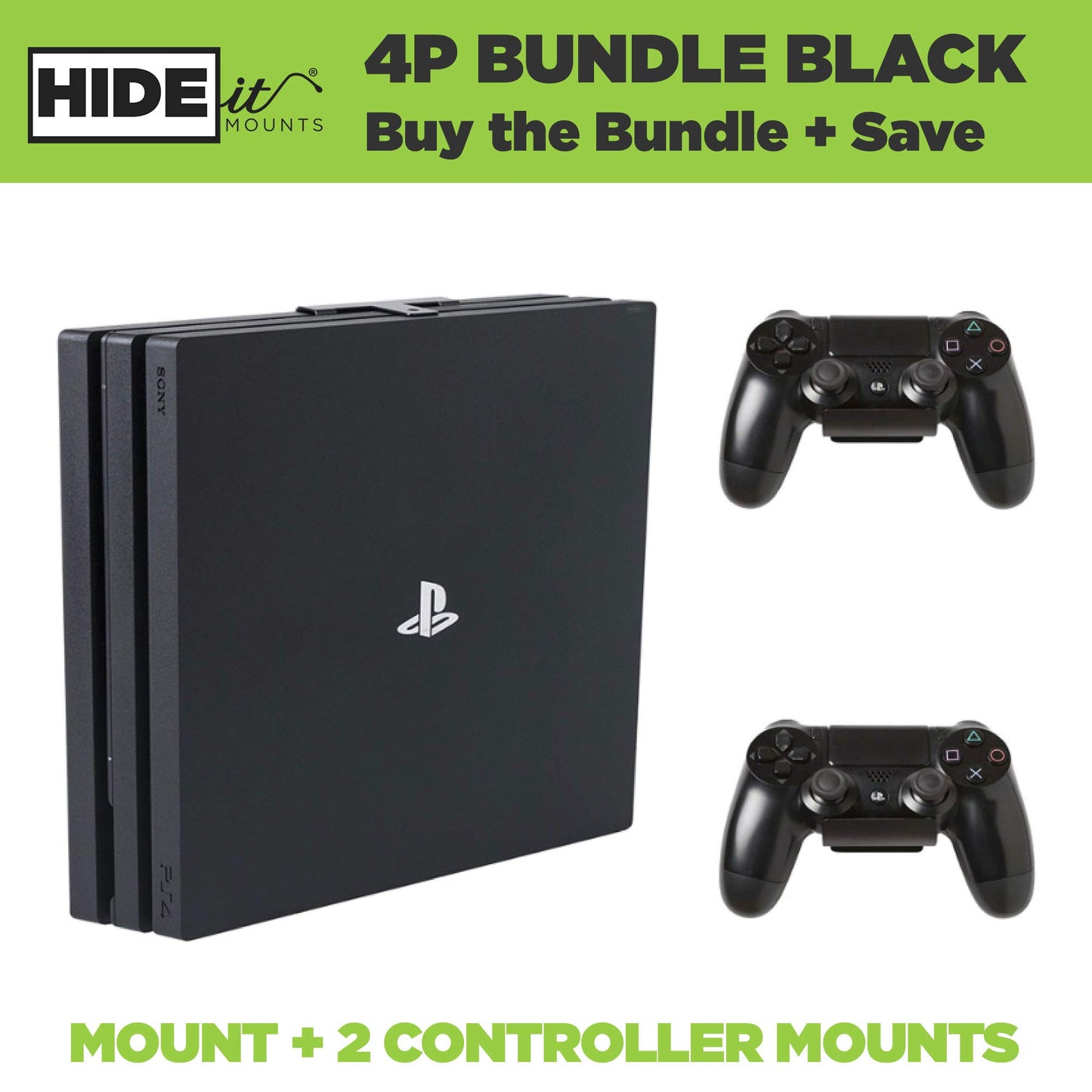 HIDEit Mounts 4P Bundle, Wall Mounts for PS4 Pro and Controller, Steel Wall Mount for PS4 Pro and 2 Controller Mounts to Safely Store Your PS4 Pro