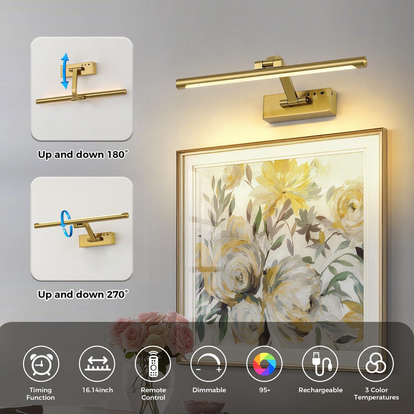 MKBNG Gold Battery Operated Wall Sconce with Remote - 3CCT Picture Lights for Wall, 270° Rotatable Lamp for Aura Frame Or Under Cabinet Lighting