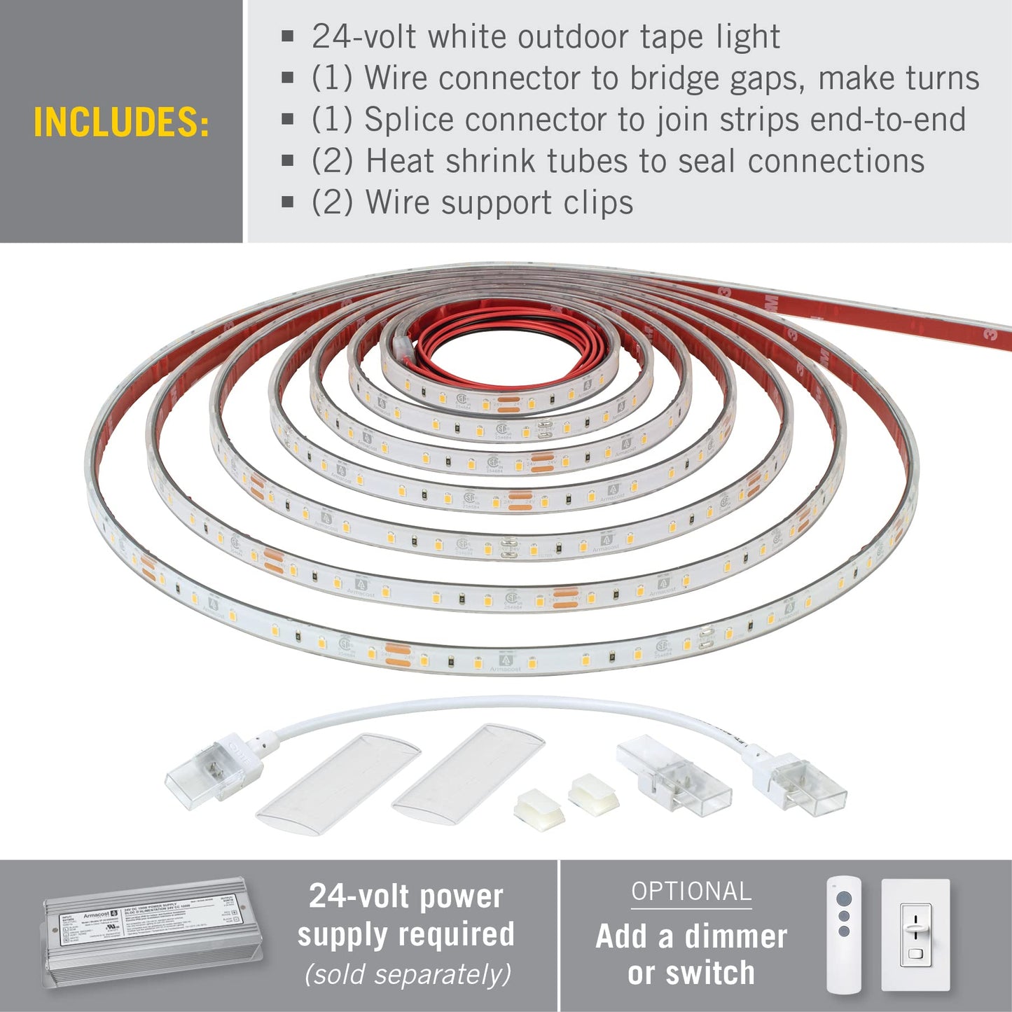 Armacost Lighting RibbonFlex Pro Soft White (3000K), 60LEDs/M, 2.5M, 24V Outdoor Tape Light, 8.2 ft (145410)