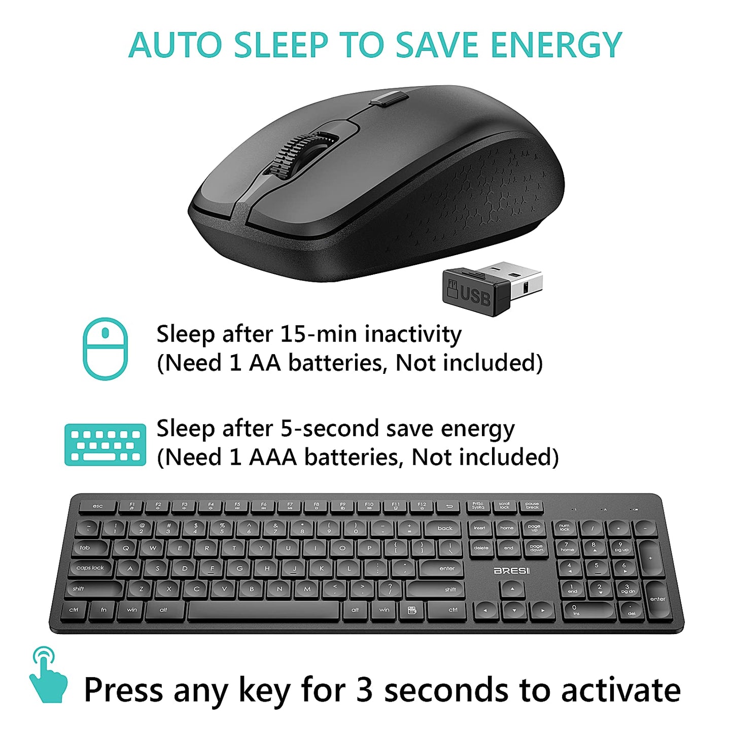 Wireless Keyboard Mouse Combo, BreSii Wireless Keyboard and Mouse Computer Keyboards Mouse Full-size Silent Slim 2.4GHz USB For kids E-Learning PC