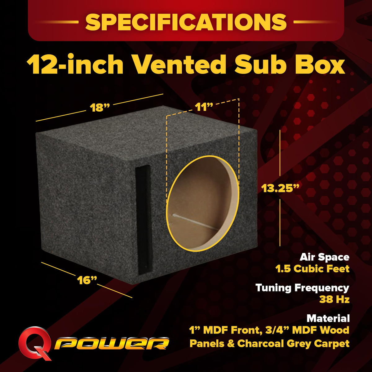 Q Power Single 12-Inch Vented Heavy Duty Subwoofer Enclosure with 1-Inch Thick MDF Face and Gold Tipped Spring Loaded Terminal Charcoal Grey