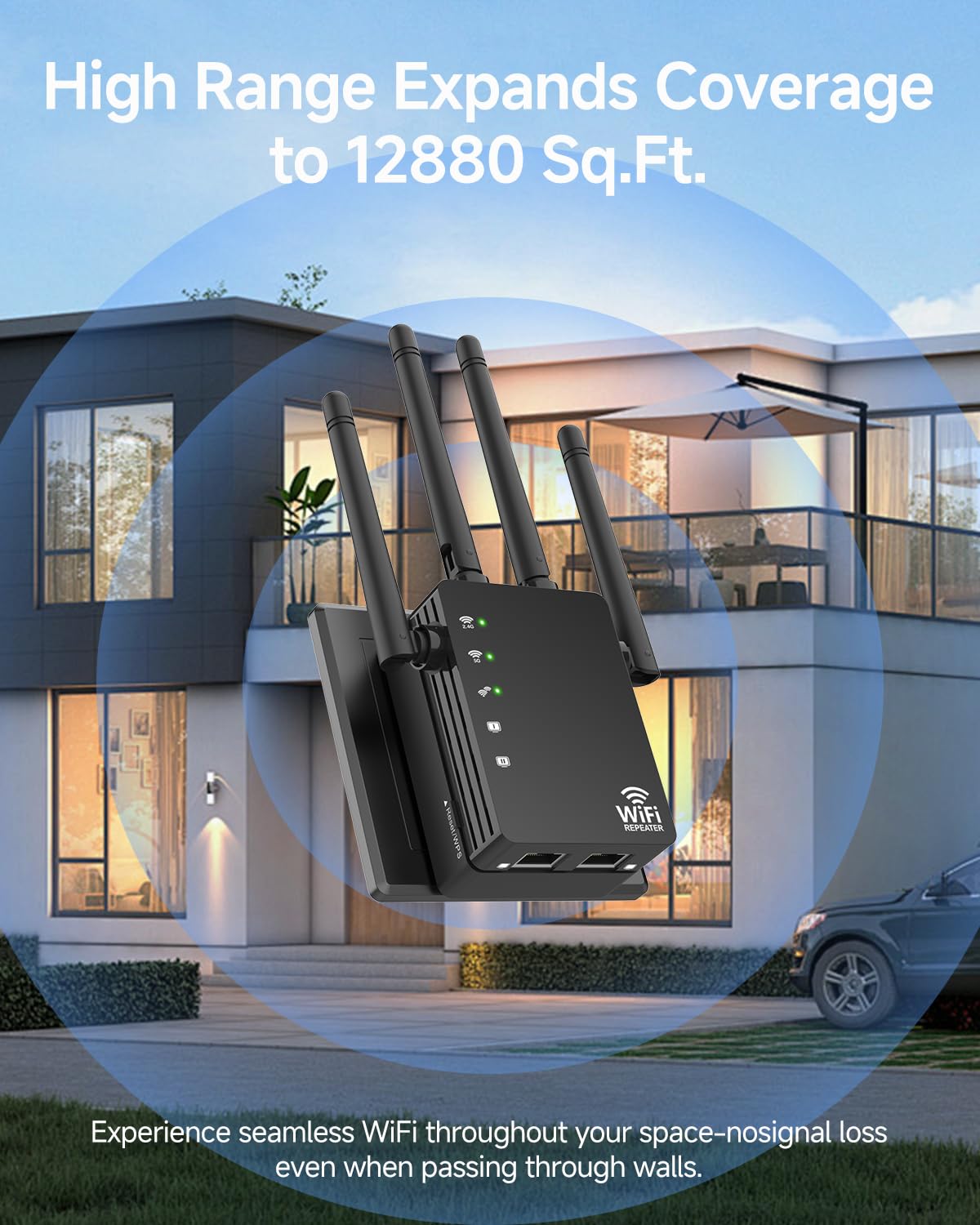 WiFi Extender Signal Booster 1200Mbps, Long Range Extender for Home and Outdoor, 12880 Sq.Ft Range, 105-Device Compatibility, Easy Setup, WiFi