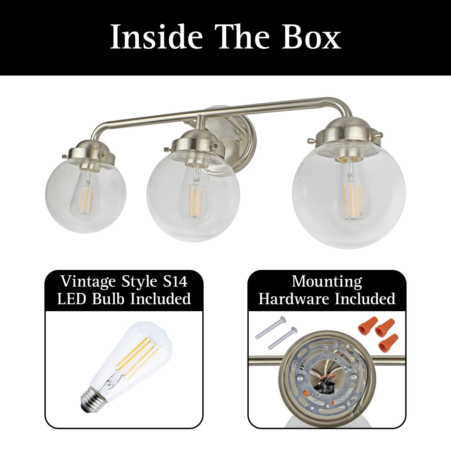 Ultralux Glass Globe 3-Light Bathroom Vanity Light - Wall Mounted, TRIAC Dimmable Bathroom Sconce with 6W 2700K LED Edison Bulbs - Energy Efficient