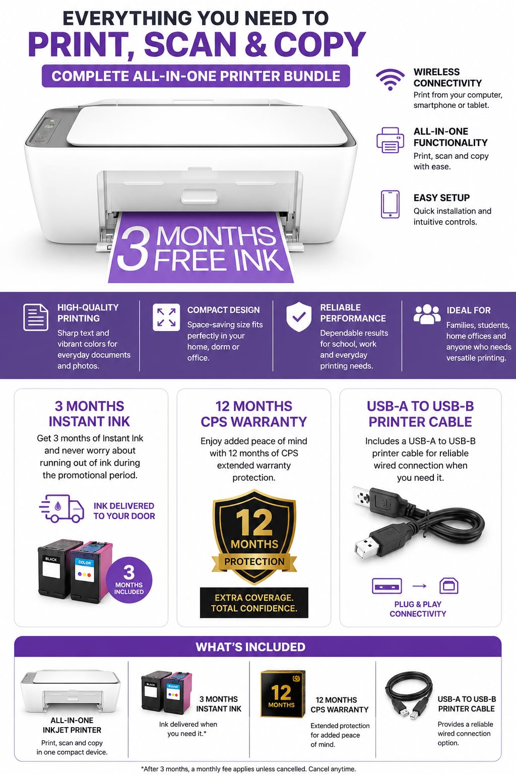 HP DeskJet 2855e Wireless All-in-One Printer Bundle with CPS & Cable