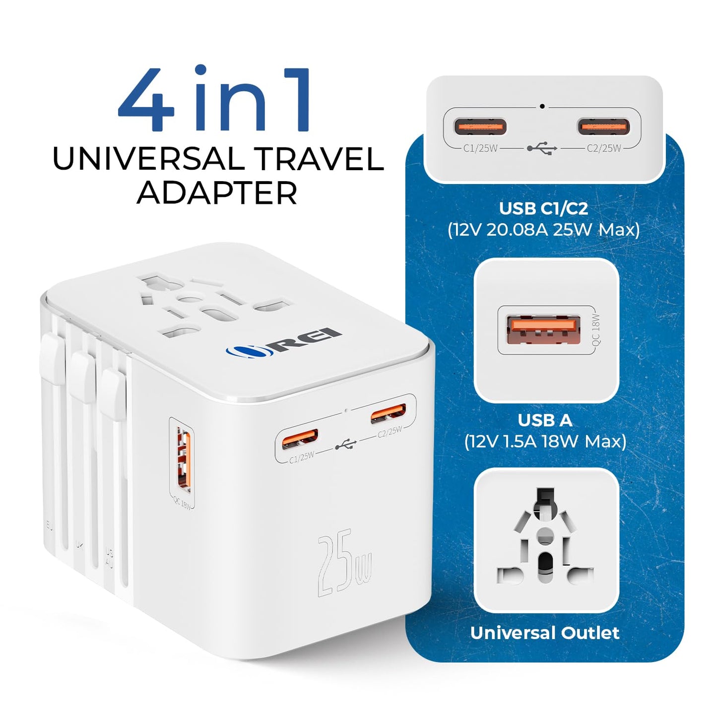 OREI 25W Universal Travel Adapter | 2X USB-C & 1x USB-A | 4-in-1 Charger for 150+ Countries
