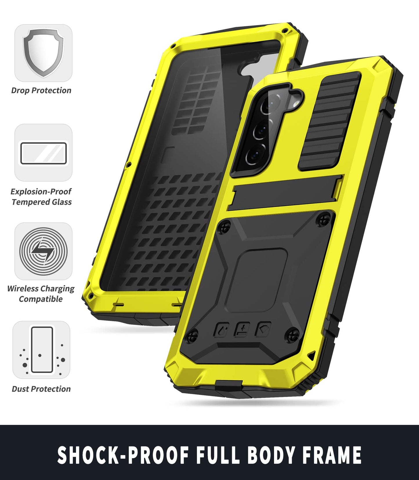 Simicoo Compatible with Samsung S22 Metal Case with Screen Protector Camera Protector Military Rugged Heavy Duty Shockproof Case with Stand Full Cover