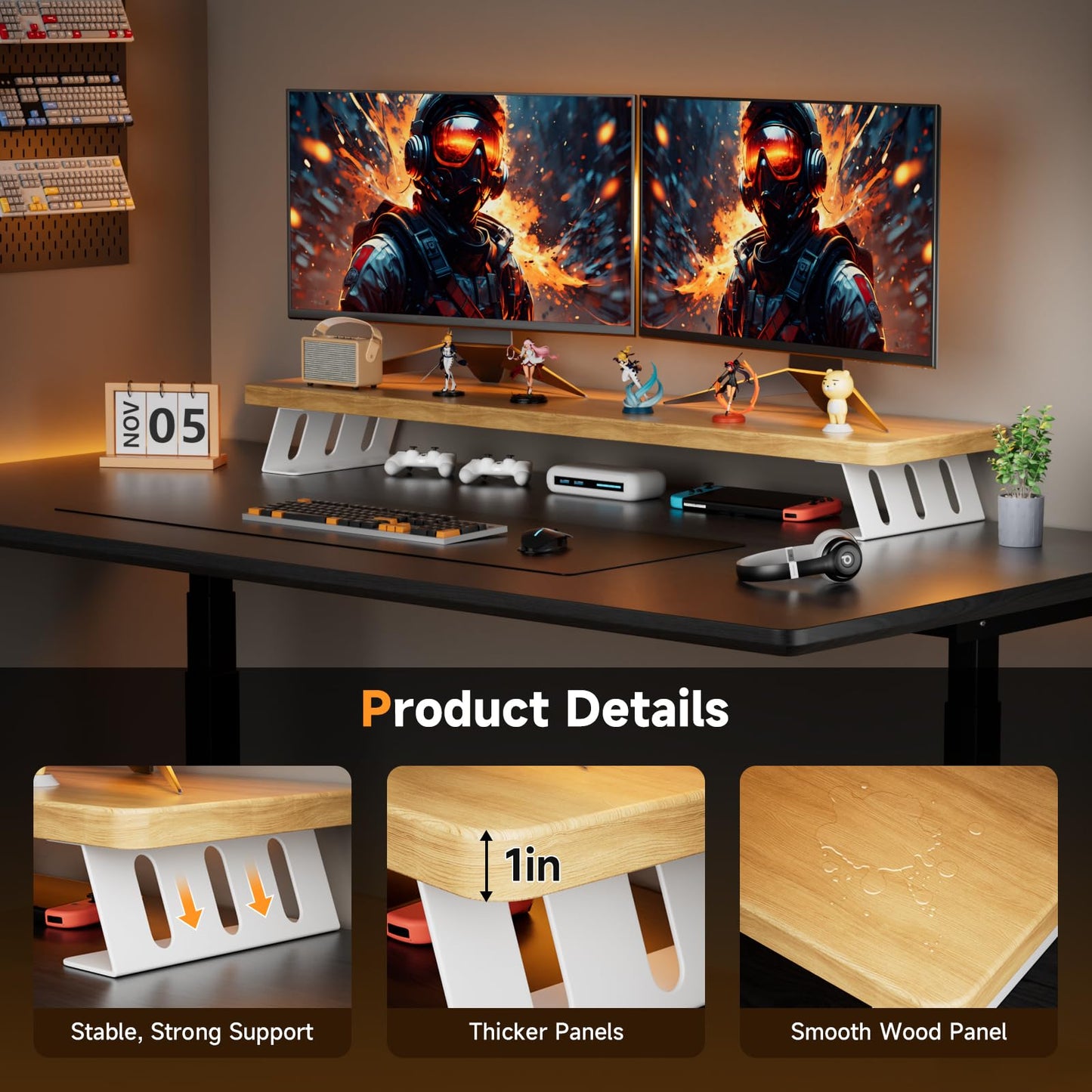 NestNeat Dual Monitor Stand Riser, 39 Inch Large Wood Monitor Stands for 2 Monitors, Desk Monitor Riser for Computer/Laptop/Printer/TV, Stand Riser up
