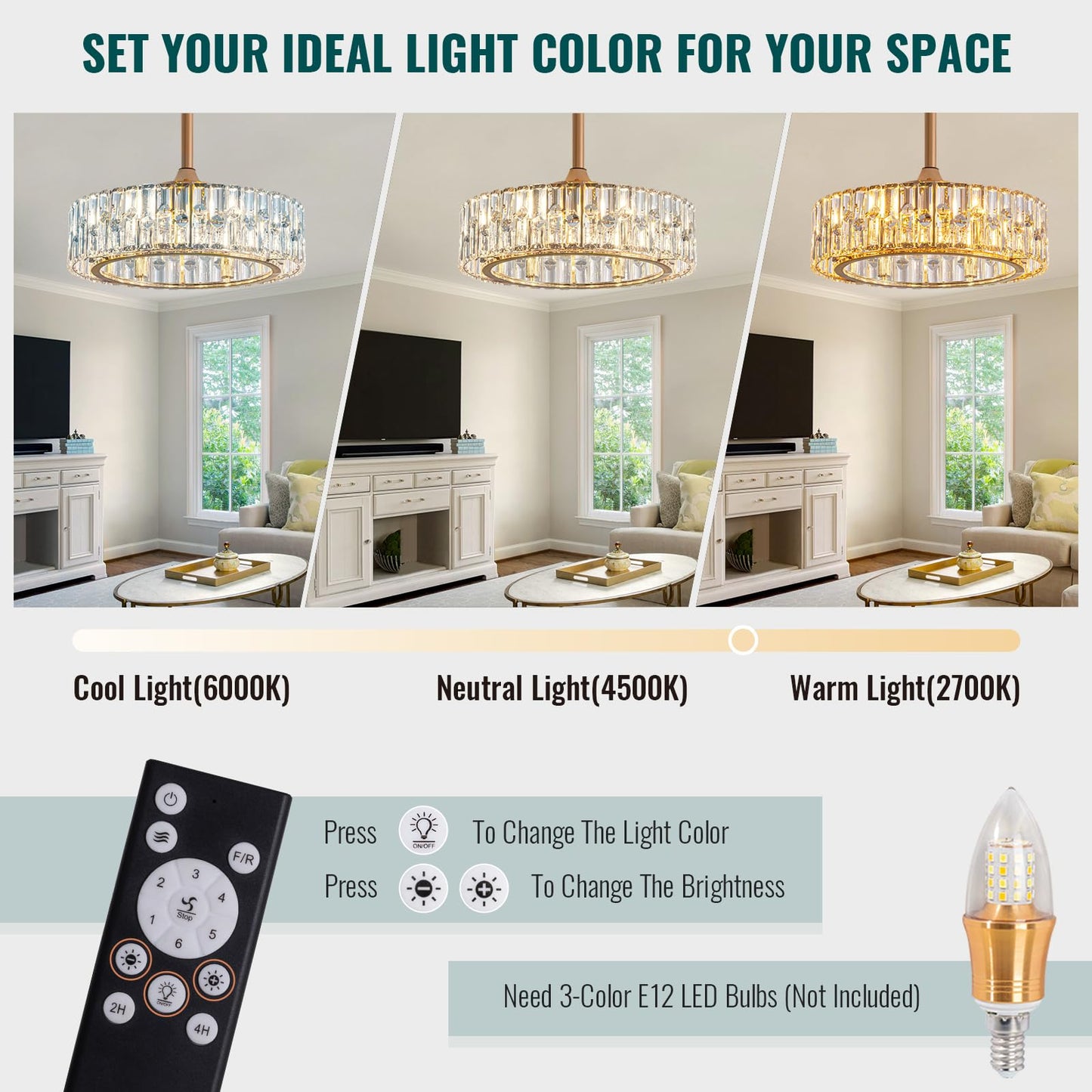Siljoy Modern Gold Caged Crystal Ceiling Fans with Lights and Remote, 20''