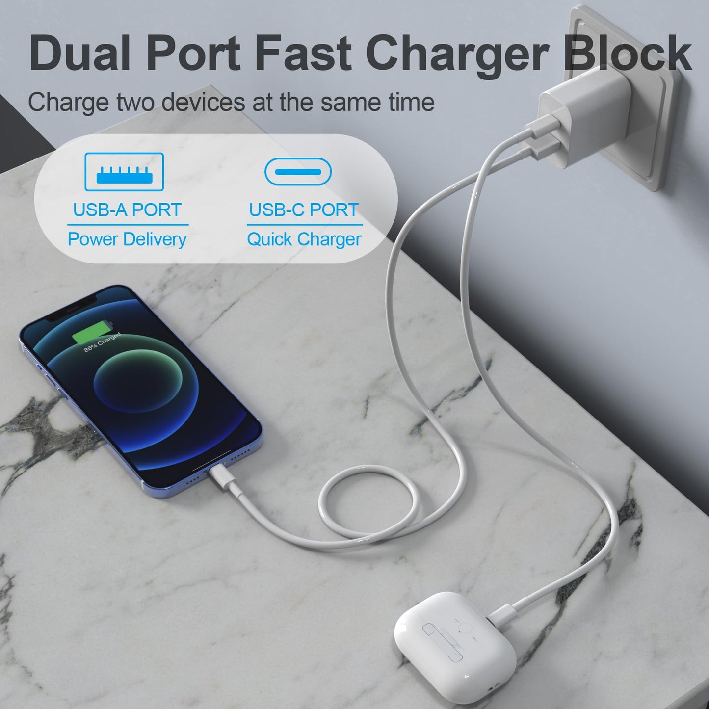 20W Dual Port Fast Charger Block 2-Pack with 6FT & 10FT MFi-Certified Cables, PD/QC3.0 Quick Charge Adapter for iPhone 14/13/12/11 Pro Max/XS/XR/X