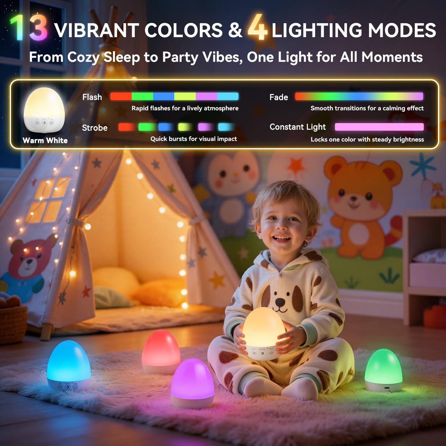 Auxmir Nursery Night Light for Kids, Baby Egg Light with 13 Colors & Dimmable Lighting, BPA Free Rechargeable Bedside Table Lamp with Timing Function