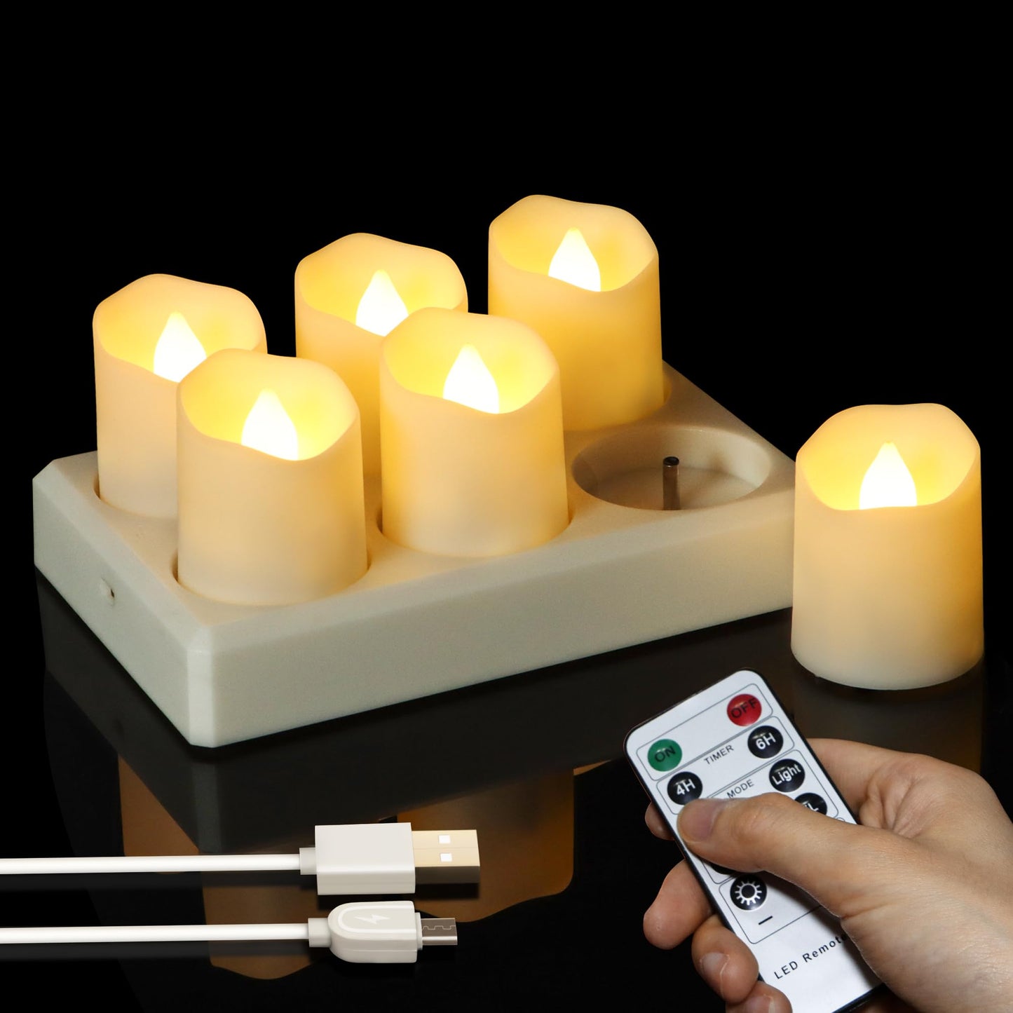 Sanmli 6pcs LED Tea Lights Rechargeable with Charging Base and USB Cable, Flameless Votive Candles Flickering with Remote and Timer, Electric Fake