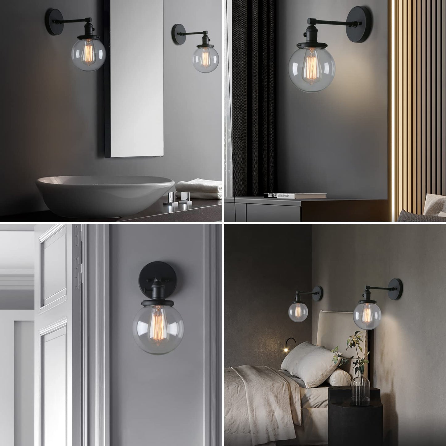 Phansthy Black Wall Sconce Light Industrial Wall Lamp with 5.9 Inches Glass Canopy and On Off Switch for Kitchen Bathroom Corridor (Black)