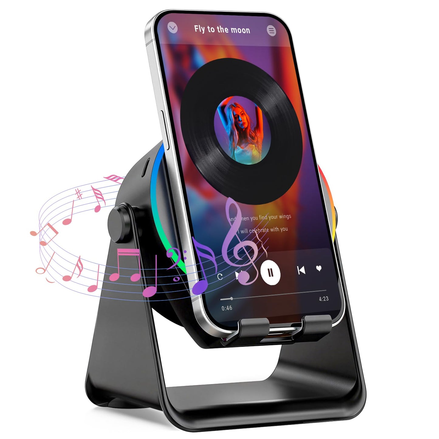 TEFELE Wireless Induction Speaker, 5-in-1 Bluetooth Speaker with Phone Holder, 360° Rotation & RGB Lights, HD Stereo Sound for iPhone/Samsung/Android