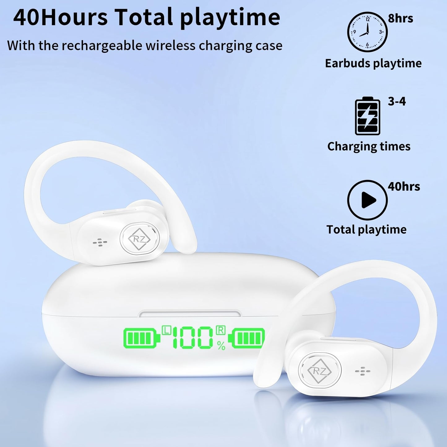 Wireless Earbuds Bluetooth Headphones 96H Playtime LED Display Waterproof Built in Mic Deep Bass Sound Secure Over Ear buds Earhooks for iPhone