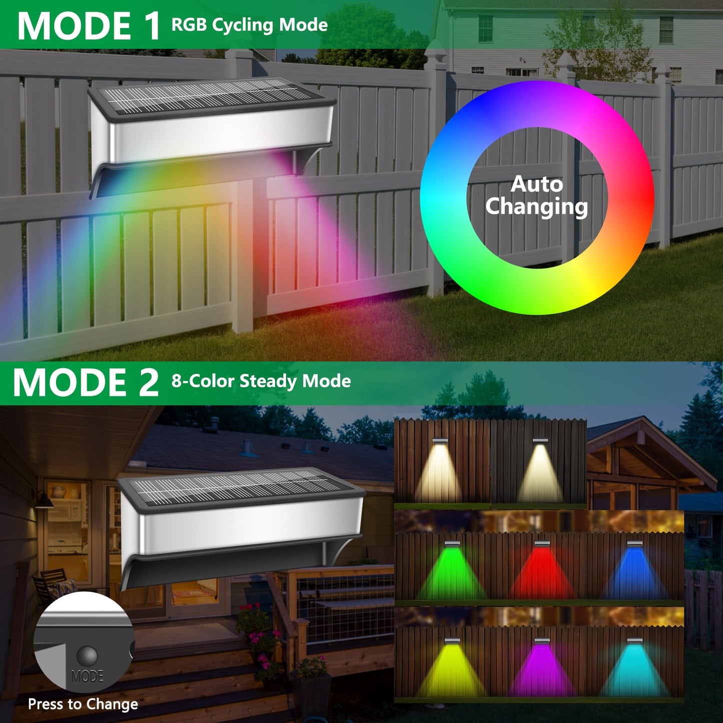 Solar Fence Lights Outdoor 12 Pack, LED Step Lights with 9 Lighting Options, Stainless Steel & IP65 Waterproof, Dusk to Dawn, Solar-Powered Wall Lamps