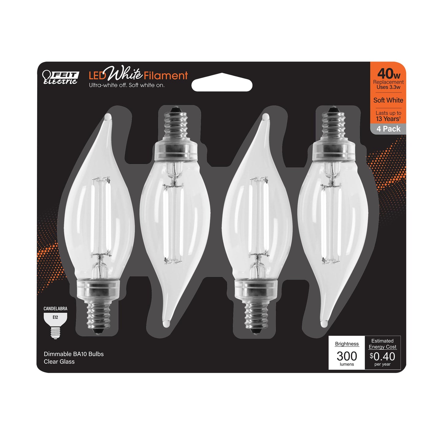 Feit LED White Filament BA10 E12 (Candelabra) Filament LED Bulb Soft White 40 Watt Equivalence 4 pk