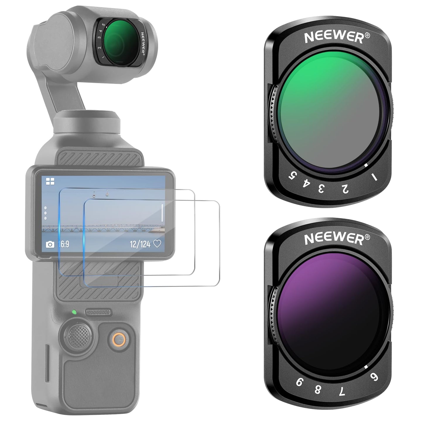 NEEWER Variable ND2-ND32 & ND64-ND512 Kit Compatible with DJI Osmo Pocket 3 Creator Combo Accessories, Limited Stops Neutral Density Filters, 2 Screen