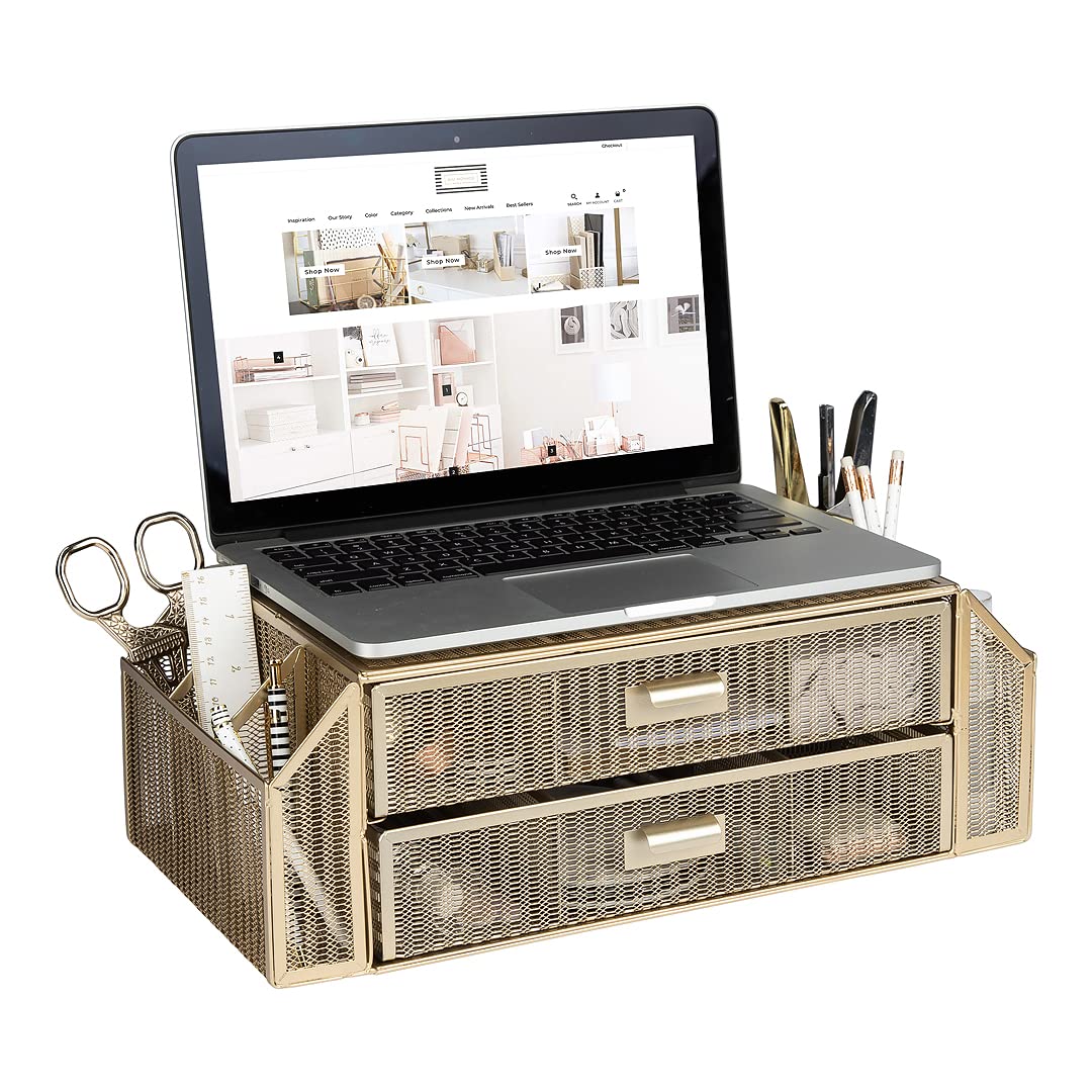 BLU MONACO | Monitor Stand with Drawer Storage | Desk Top Monitor Stand Riser Gold | Computer Support Organizer Elevador de Monitor