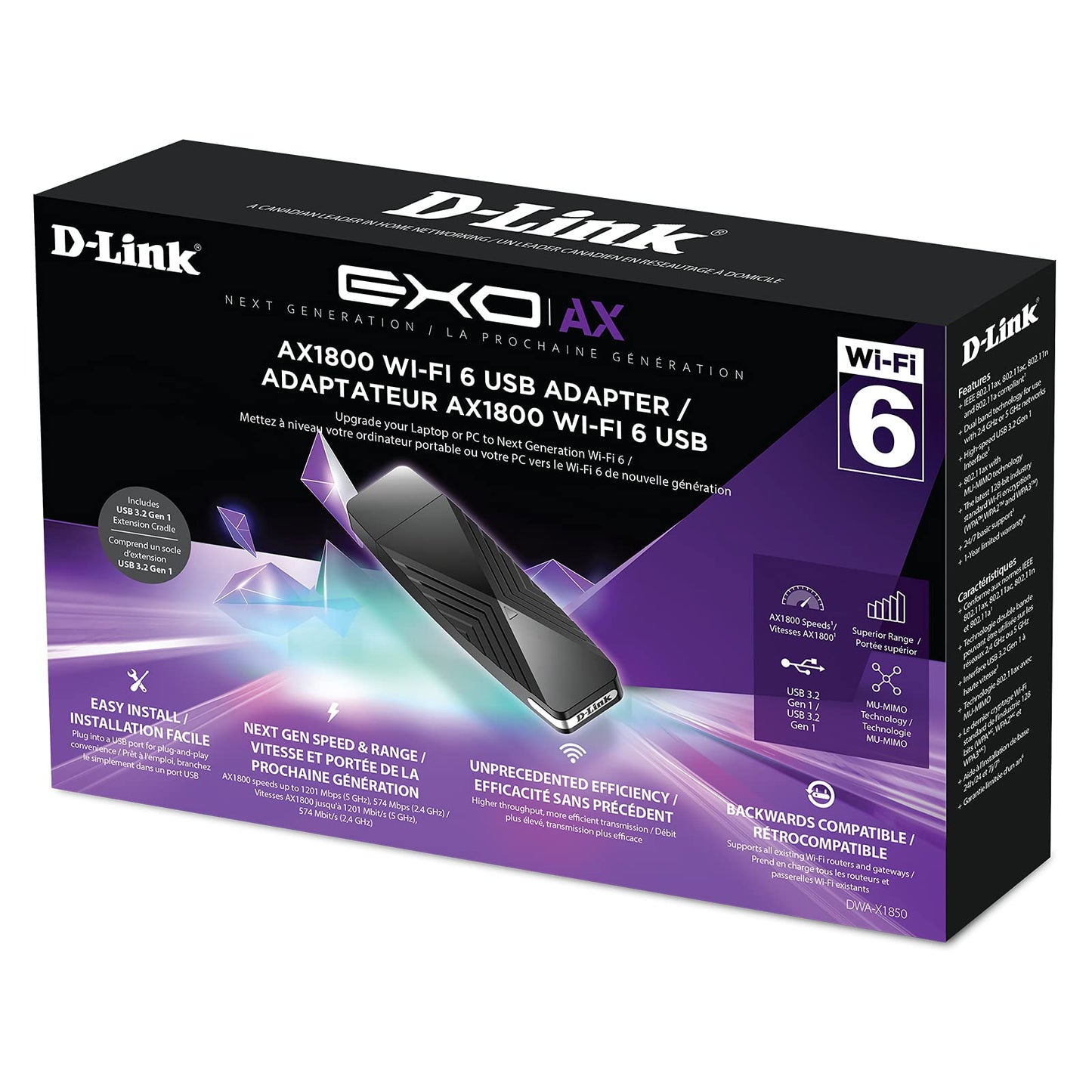 D-Link AX1800 Wi-Fi 6 USB 3.0 Adapter, WiFi Adapter for PC or Laptop, Update Your WiFi to Next Gen 802.11ax, Includes USB 3.0 dongle, WPA3 Encryption