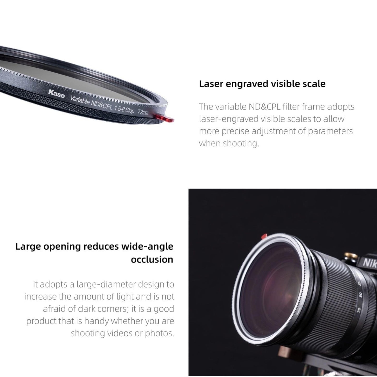 Kase 82mm Variable ND 1.5-8 Stops + CPL 2 in 1 SLR Camera Lens Filter, ND3 to ND236 Adjustable Multicoated Neutral Density and Circular Polarizing