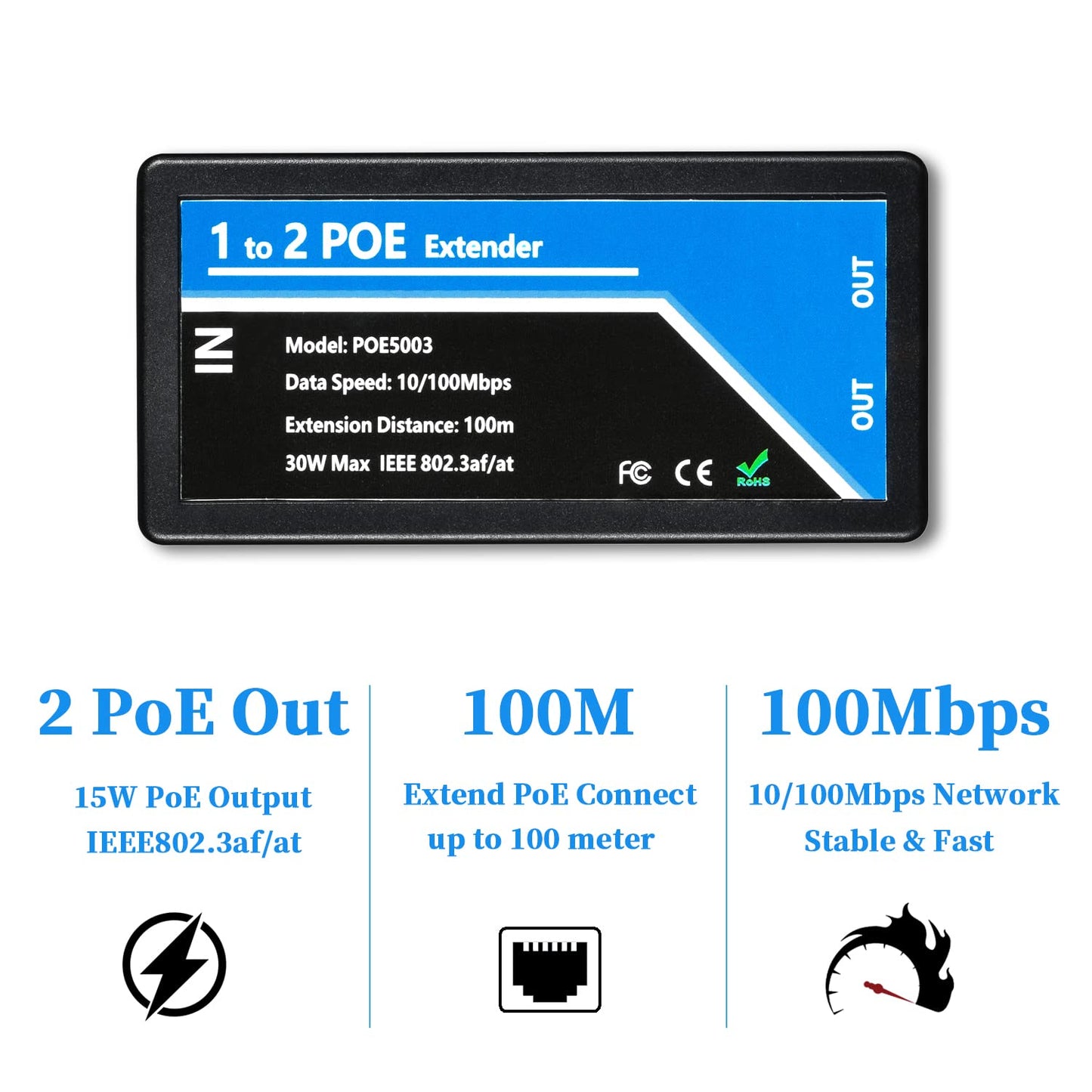 Revotech 2 Port POE Extender POE+ Repeater 100 Meters(328 ft) Extender 1 in 2 Out Comply IEEE 802.3af/at Standard 10,100Mbps for Security POE Camera