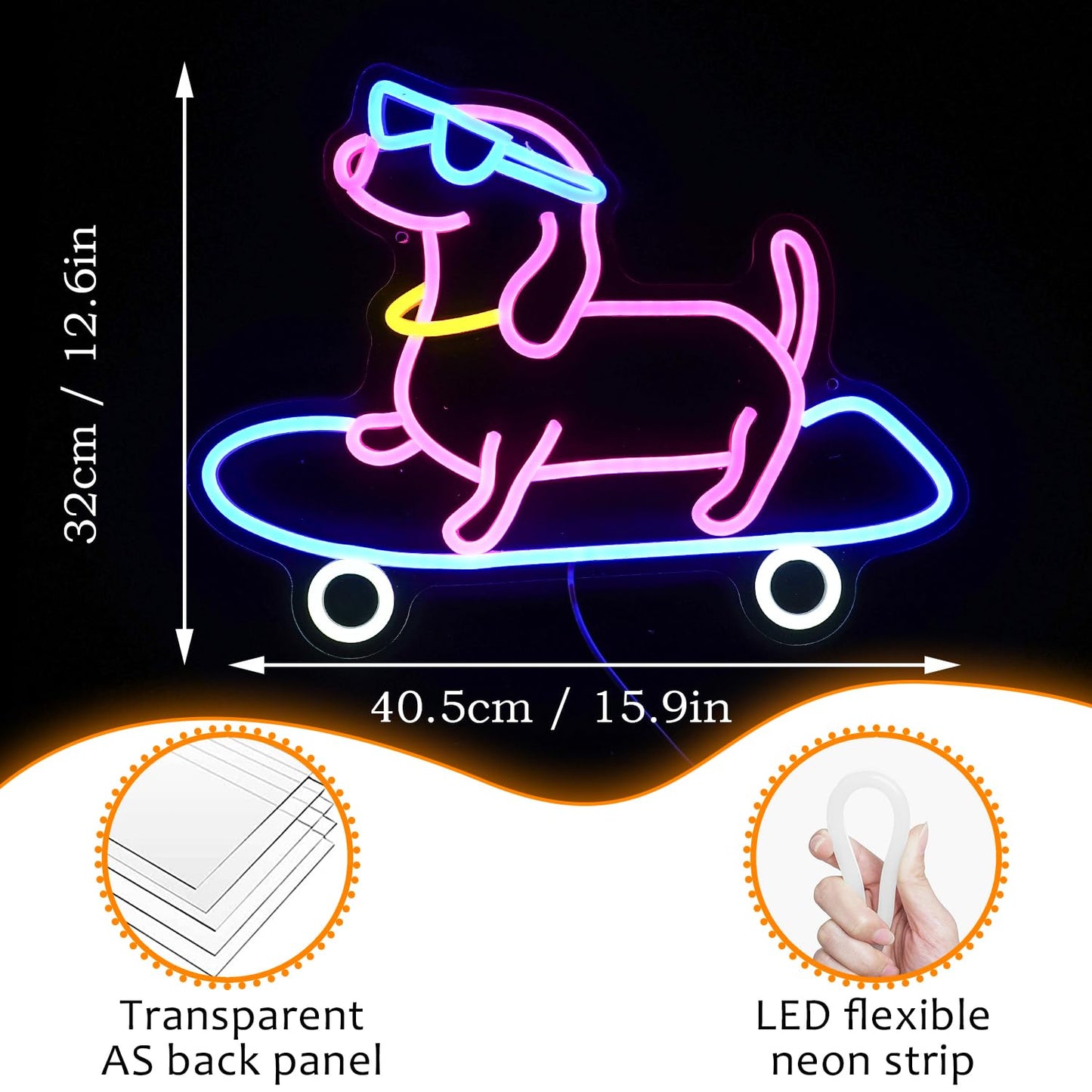 Skateboard Dog Neon Sign Dimmable Funny Dachshund Skateboarding LED Neon Light Wall Art Decor for Bedroom Bar Game Room Cute Pet Lover Gift