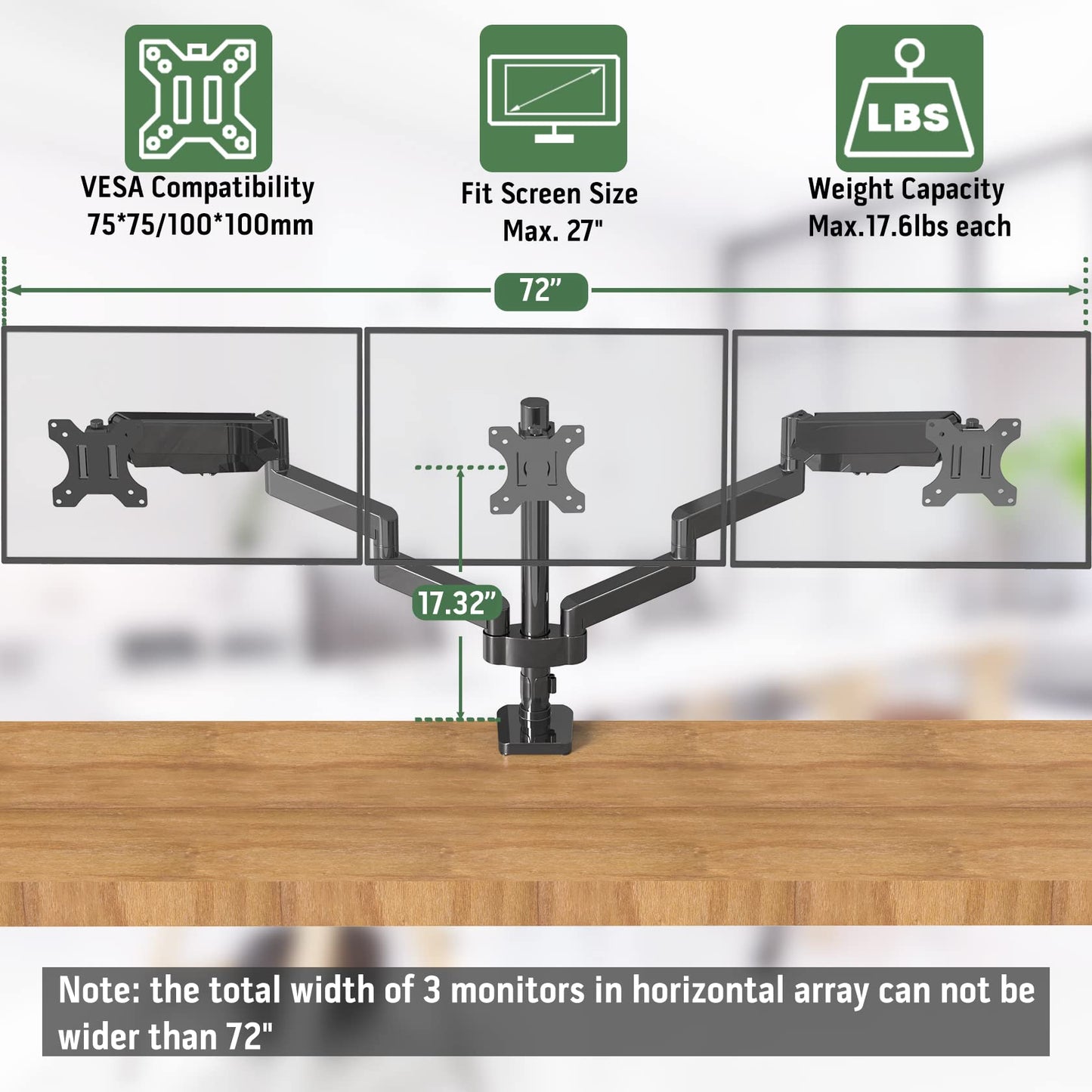 UPGRAVITY Triple Monitor Desk Mount for Three Flat/Curved Computer Screens up to 27 inch, Fully Adjustable Gas Spring Triple Monitor Arms Hold up