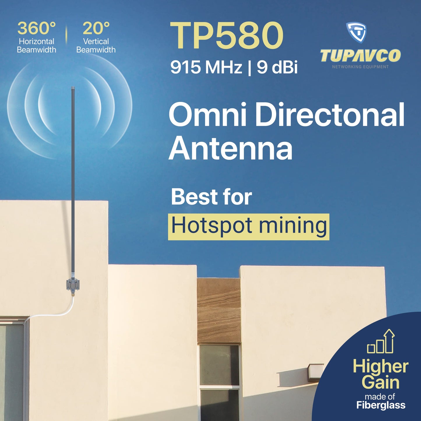 LoRa Antenna - 915MHz 9dBi Omni Directional (900-930MHz) Outdoor 52in (4' 4") Long-Range External High-Gain for Hotspot HNT Mining/Miner - Pole Mast