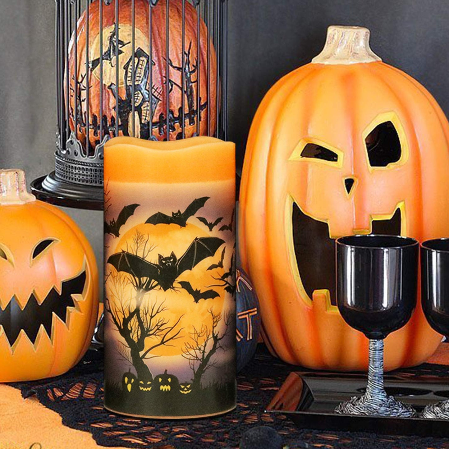 Eldnacele Halloween Flameless Flickering LED Candles with 6-Hour Timer, Battery Operated Wax Candles Assorted Decals Witch, Bats, Castle Set of 3