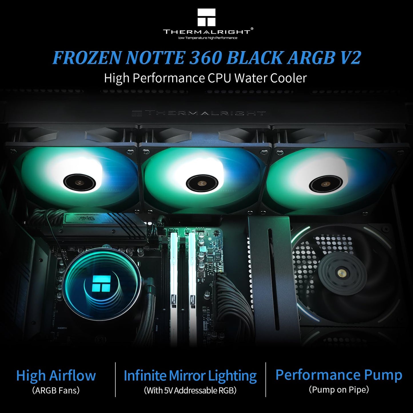 Thermalright Frozen Notte 360 Black ARGB V2 Water Cooling CPU Cooler, 360 Black CPU Cooler Specifications, 3×120mm PWM Fans, S-FDB Bearings, Suitable