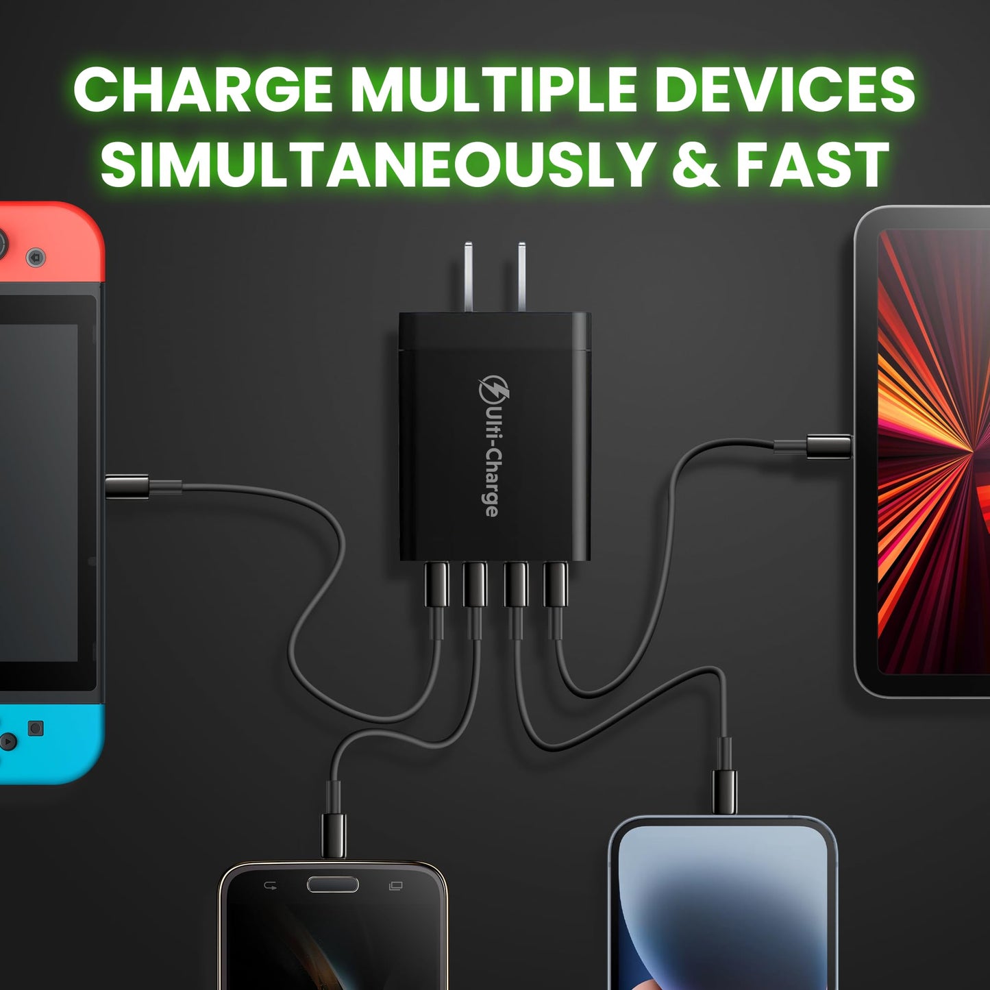 Ulti Charger 4 Ports with Quick USBC Charger Boltz Pro Lightning Fast Charging Block for Smart Phones, Tablets, Devices with Multiple Ports | Wall