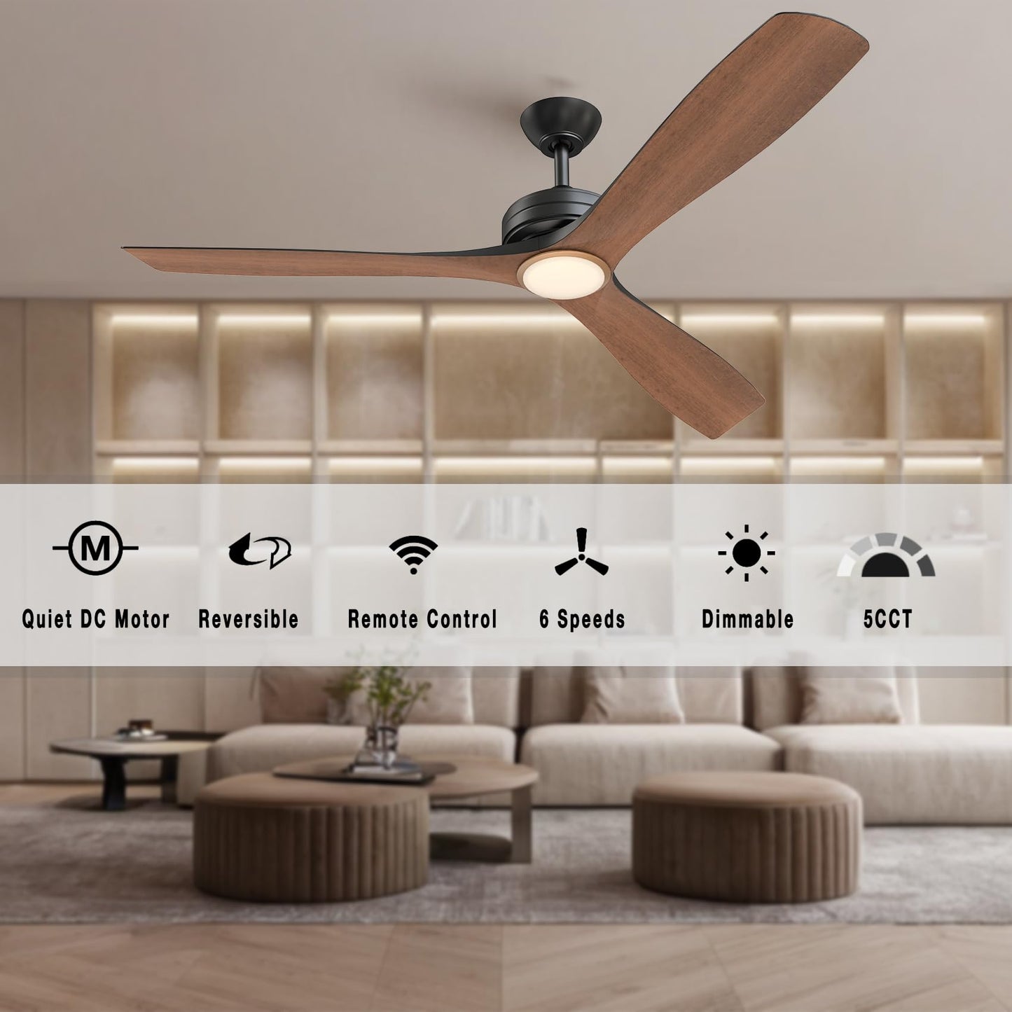 FANX 60 Inch Indoor Outdoor Ceiling Fan with Light, Quiet 6-Speed DC Motor, Dimmable 18W LED 1500 Lumens, Adjustable Color Temperature, Reversible