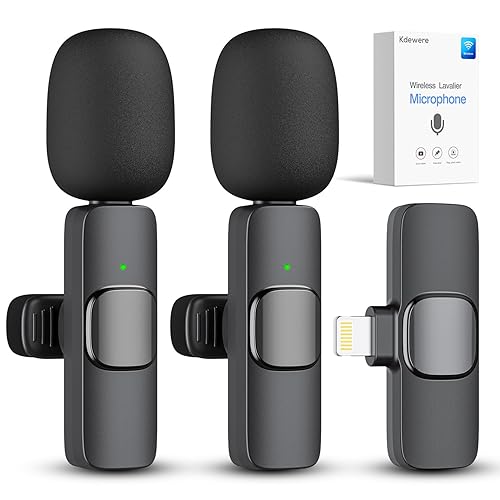 Kdewere 2 Pack Wireless Lavalier Microphone for iPhone iPad, Lapel Mics Plug-Play 2.4G Ultra-Low Delay Built-in Noise Reduction Chip 8H Working Time