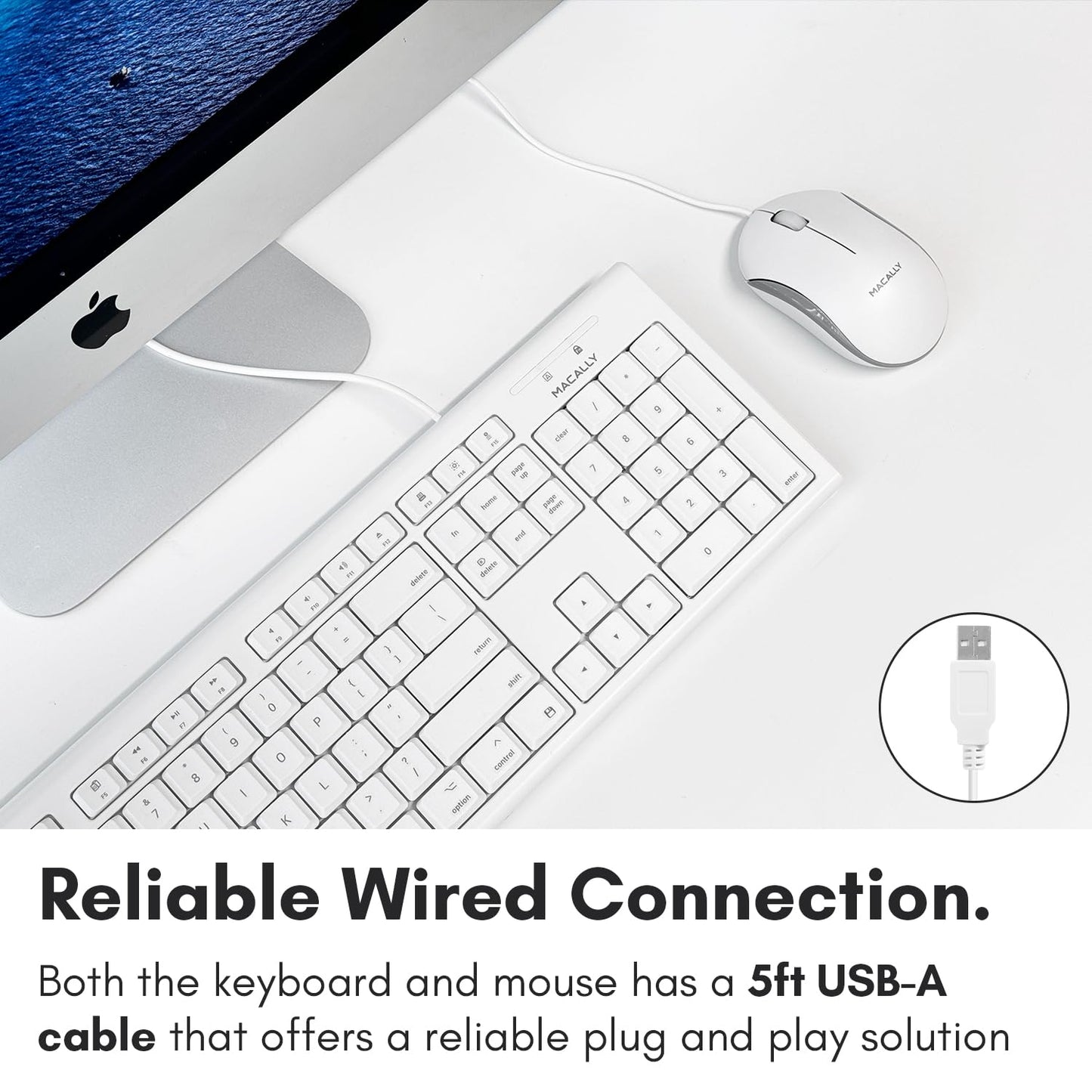 Macally Full Size USB Wired Mac Keyboard and Mouse Combo - Compatible Ergonomic Apple Keyboard and Mouse with Shortcuts and Number Keypad for Mac mini