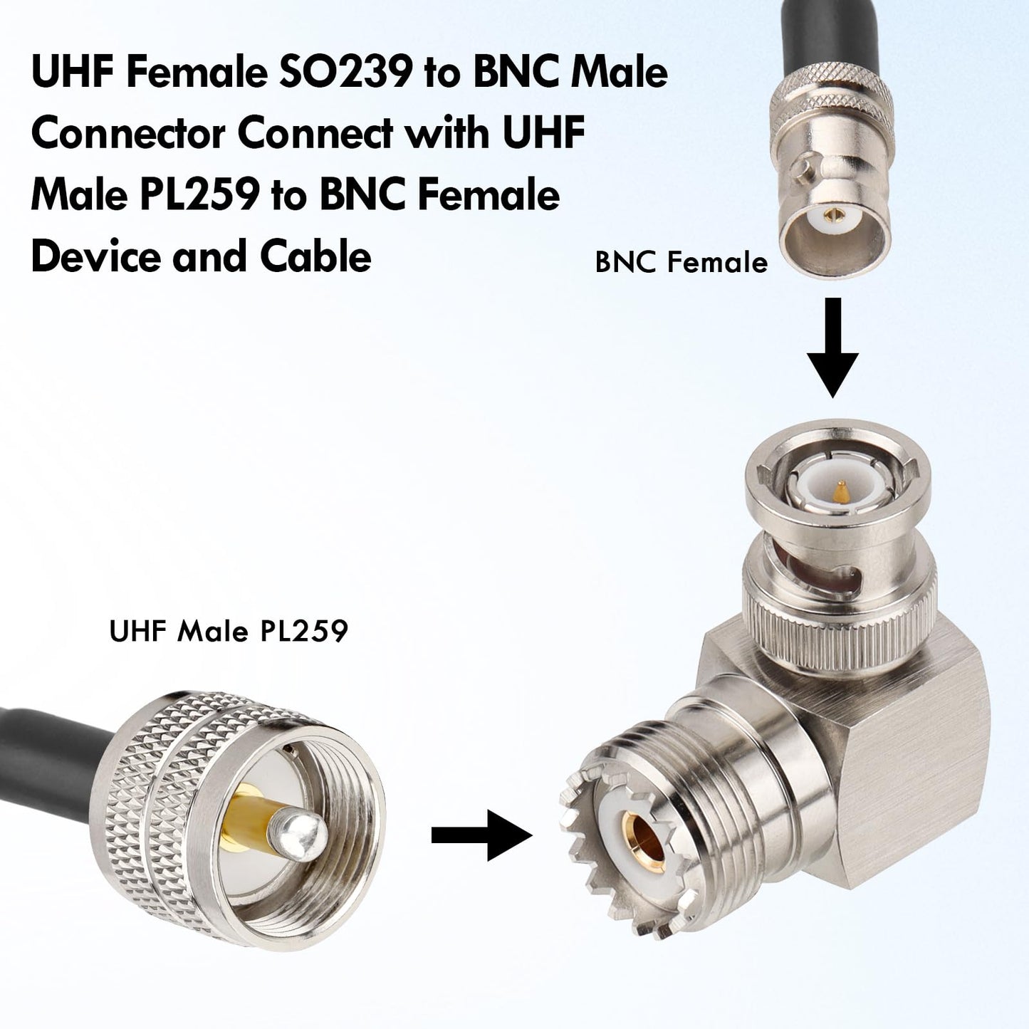 XRDS -RF UHF Female to BNC Male Adapter - 90 Degree BNC Male to SO-239 Female Connector for Ham Radio, CB Radio, and RF Applications (2 Pack)