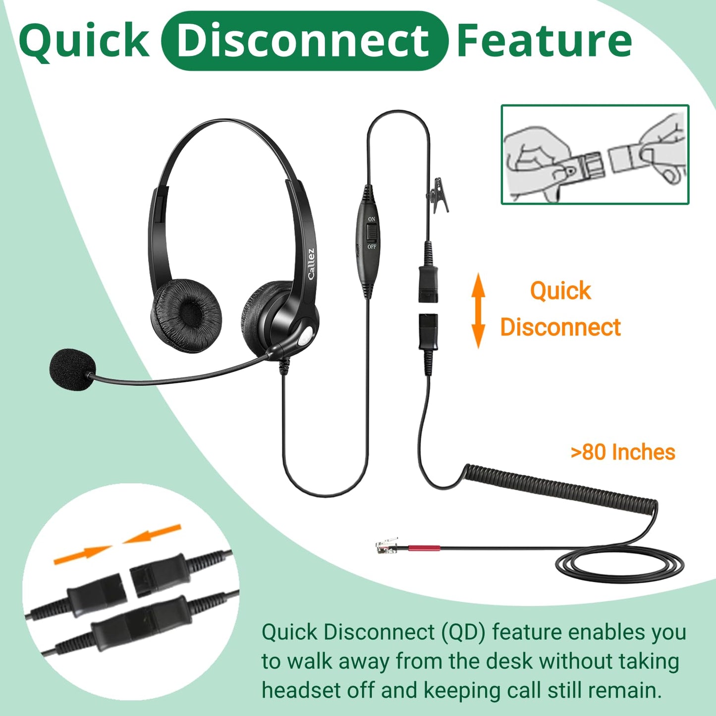 Callez Yealink Phone Headset with Quick Disconnect Cord, RJ9 Office Telephone Headset with Mic Noise Cancelling Compatible with Yealink T54W T33G T46S