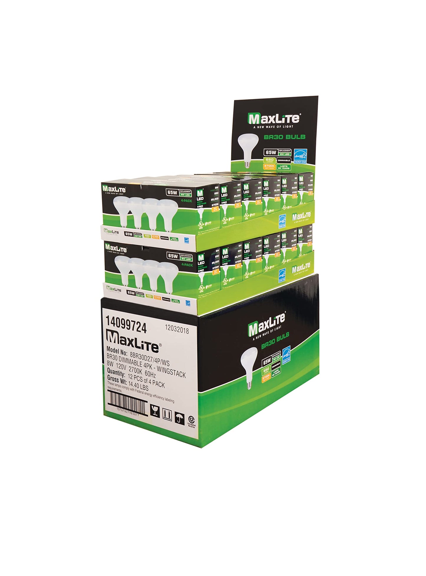 MaxLite LED BR Reflector LAMP 8W BR30 DIM 2700K 4PK - White (8BR30D27/4P/WS)
