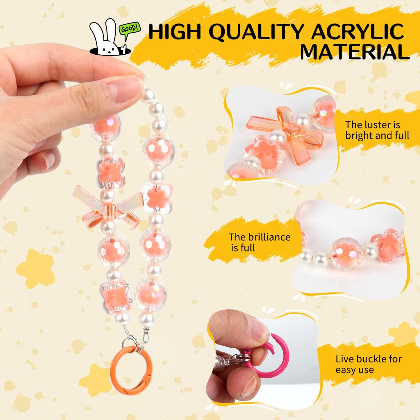 Likthesto Hands-Free Beaded Wrist Strap for Phone, Phone Charm Bracelet, Smartphone Lanyard with Bow, Detachable Cellphone Accessories (Orange)