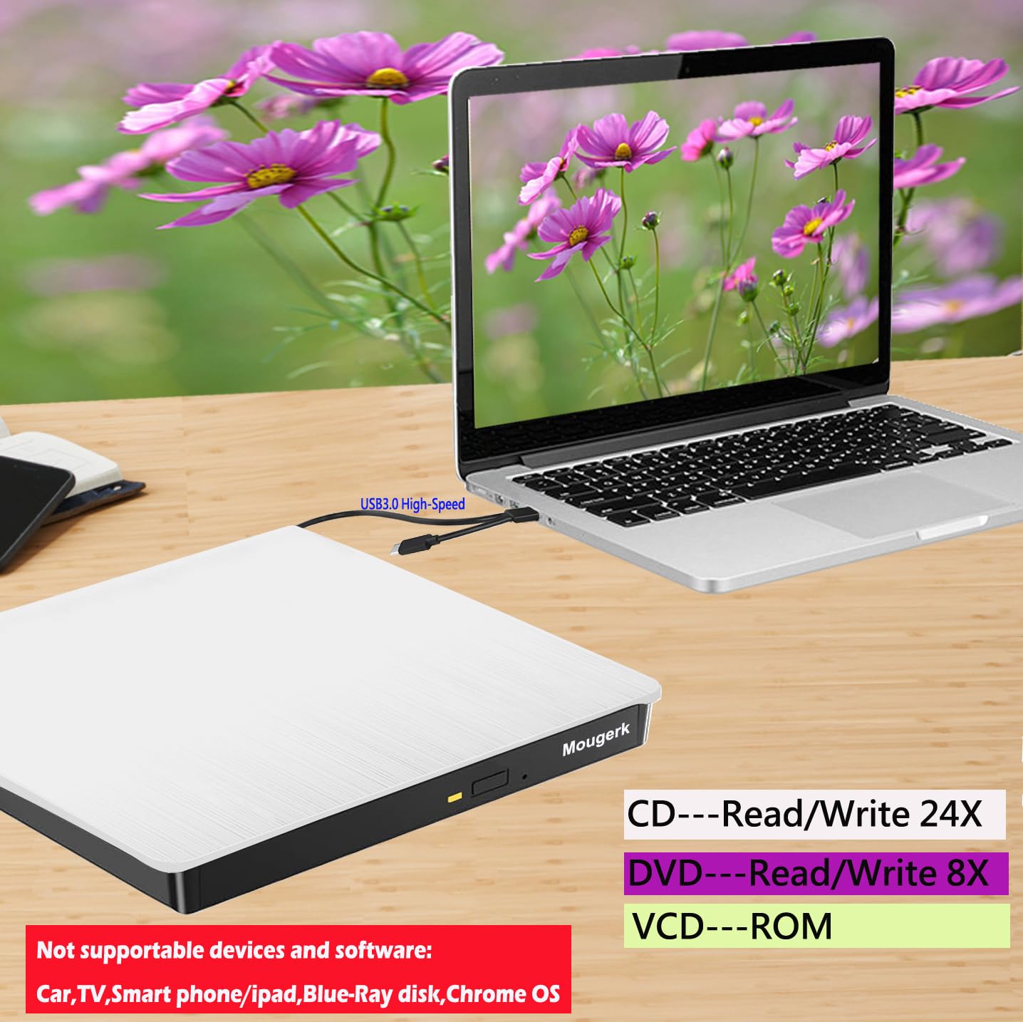 Mougerk External DVD Drive, Portable Type-C USB 3.0 DVD CD Drive Player DVD/CD +/-RW ROM Reader Rewriter Burner for Laptop Desktops (White)