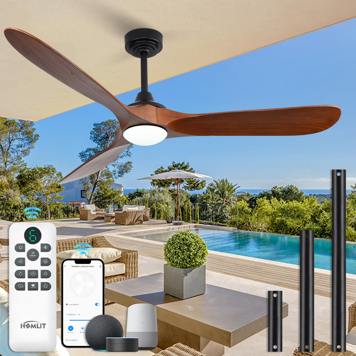 Homlit 60” Outdoor Ceiling Fan with Light 3 Downrods, Smart Wood Ceiling Fan Compatible with Alexa/Google/App, 3 Blades Modern Walnut Wood Ceiling