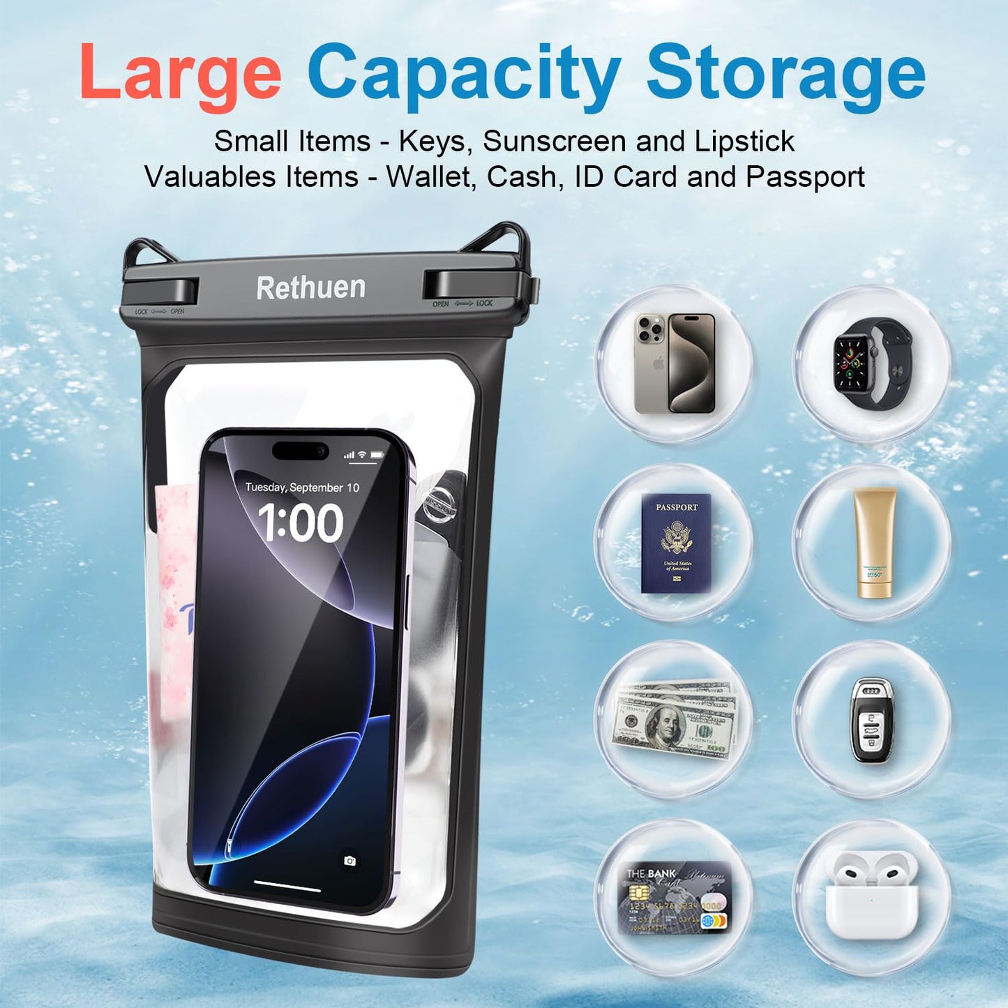 Rethuen Large Floating Waterproof Phone Pouch, 2Pack Cell Phone Dry Bag for iPhone 17 16 15 14 13 Pro Max Galaxy S24 S23 S22 All Phones, Float Water