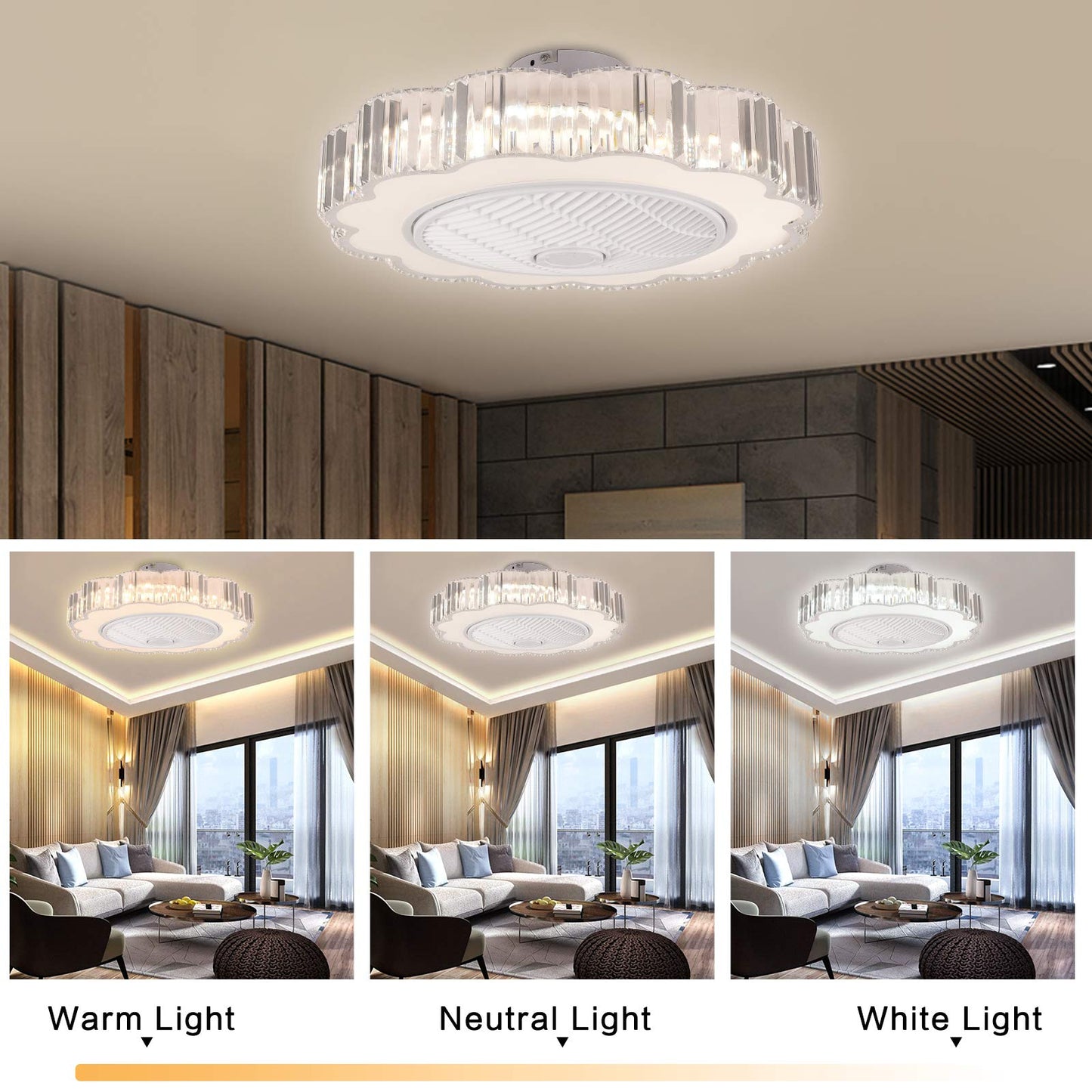 TFCFL Modern Ceiling Fan with Lights,Crystal LED Semi Flush Mount Light Fandelier with Remote Control,Stepless Dimmable 3 Colors and 6 Speeds,23 Inch